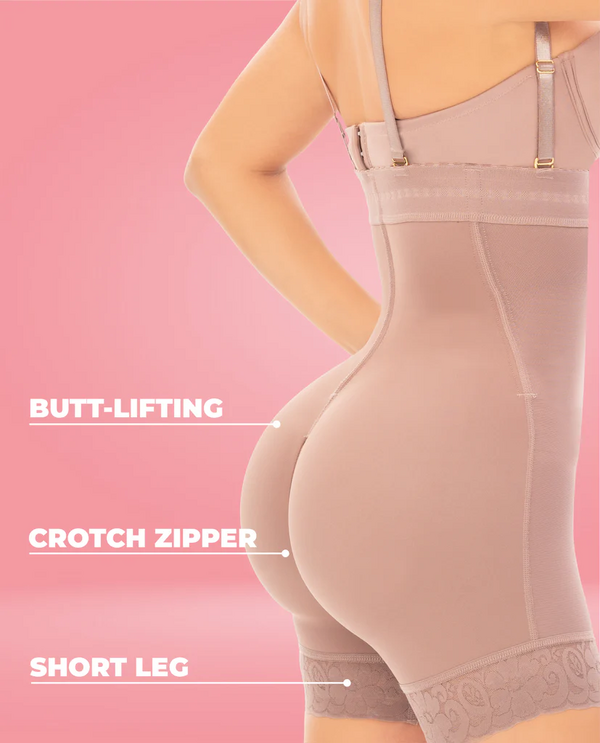 "High-waist mid-thigh shaper with three front hook rows and removable straps"