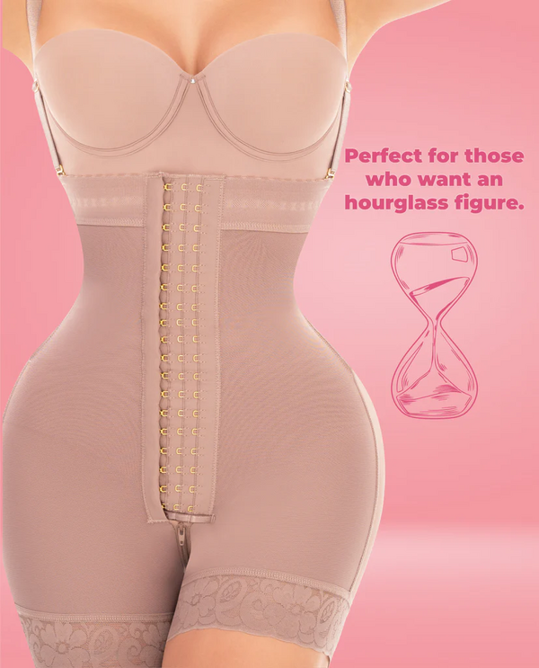 "High-waist mid-thigh shaper with three front hook rows and removable straps"