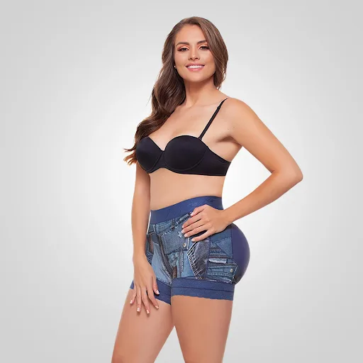 Blue Jean sculpting butt lift shaper short Style 074640 with silicone grip bands and Powernet fabric front