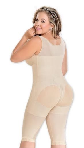 Knee-length full body faja with built-in bra, medium compression, adjustable straps, and front closure for daily shaping and support.