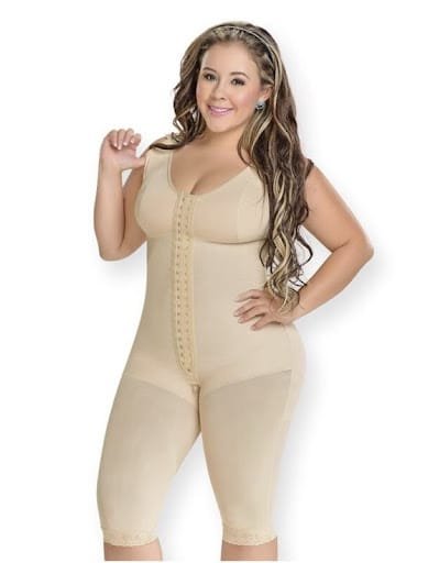 Knee-length full body faja with built-in bra, medium compression, adjustable straps, and front closure for daily shaping and support.