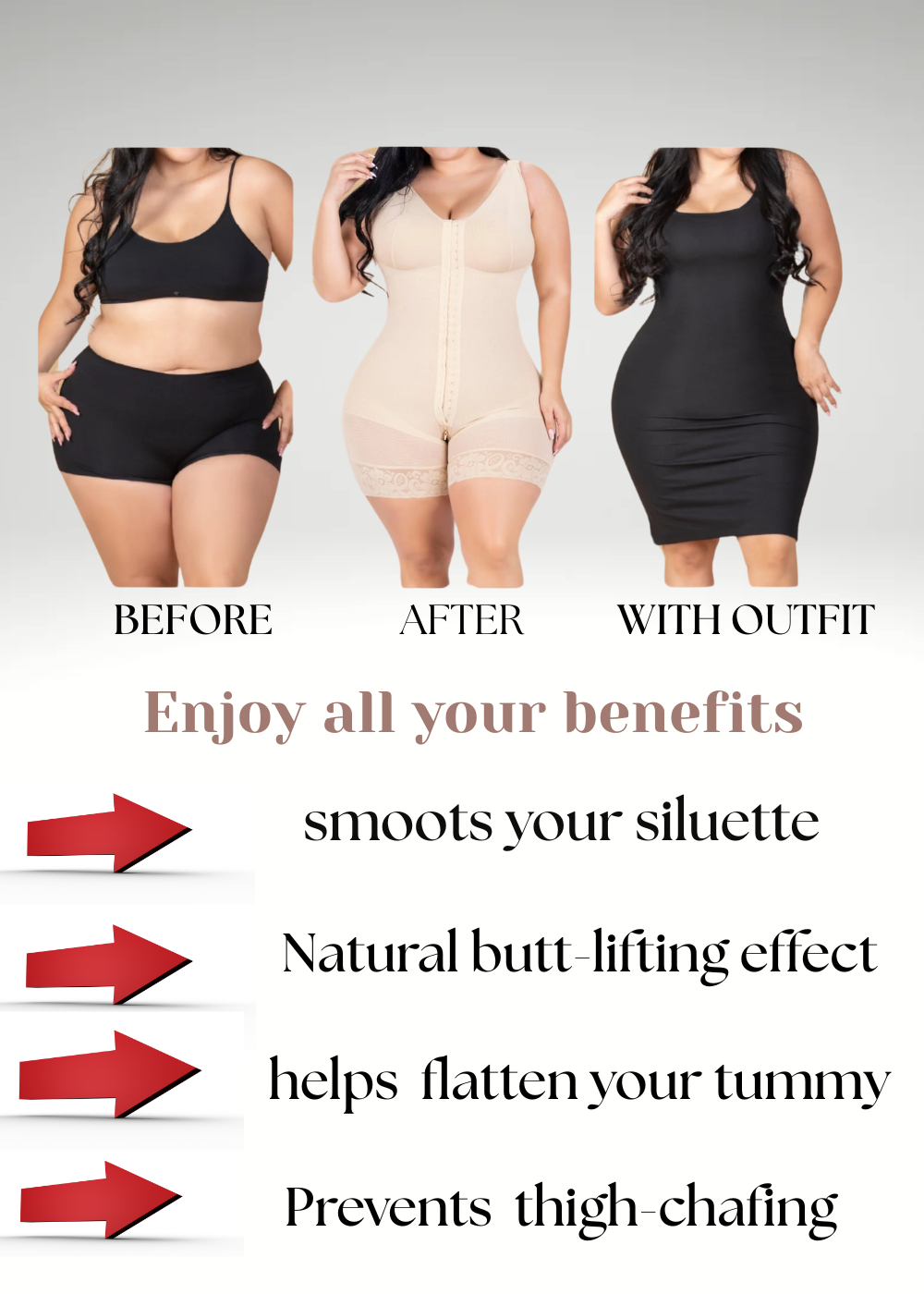 Knee-length full body faja with built-in bra, medium compression, adjustable straps, and front closure for daily shaping and support.