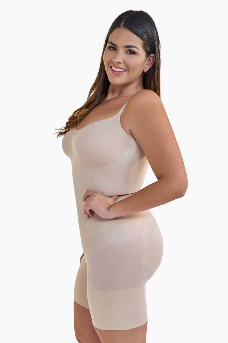 Seamless full body shaper with tummy control and natural curve enhancement.