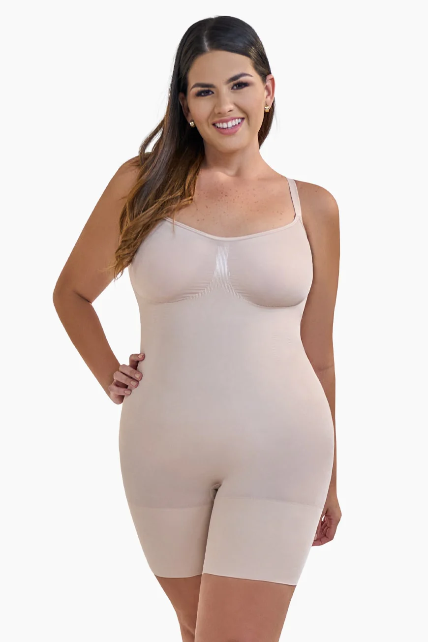 Seamless full body shaper with tummy control and natural curve enhancement.