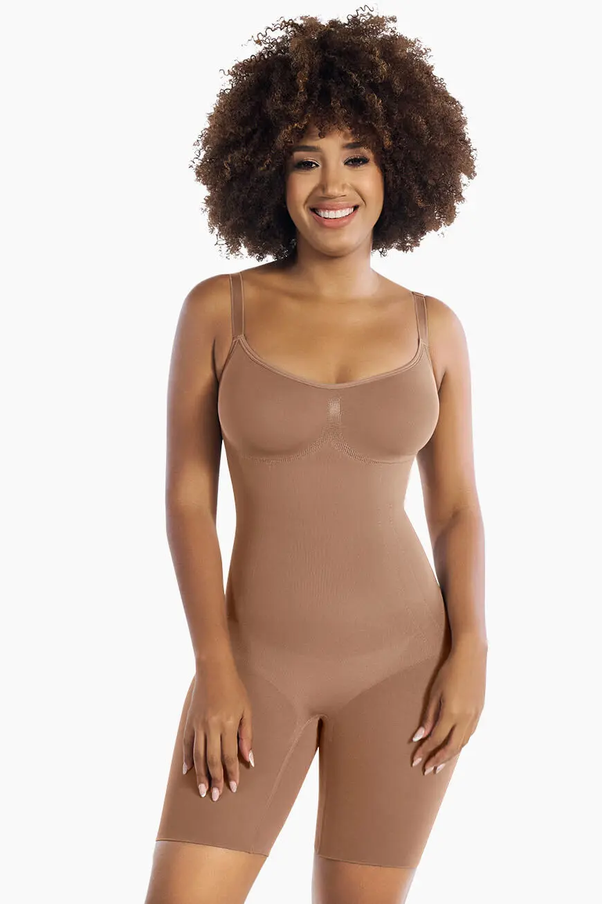 Seamless full body shaper with tummy control and natural curve enhancement.