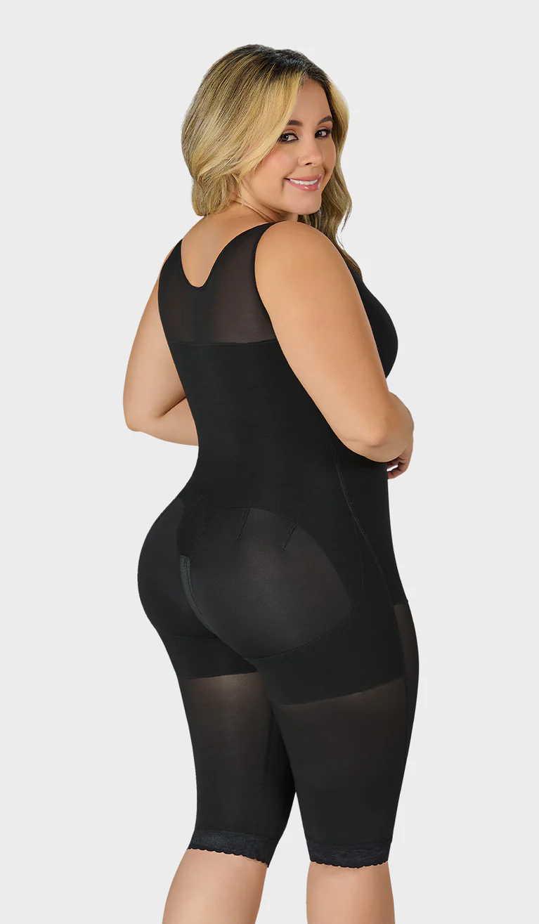 Knee-length full body faja with built-in bra, medium compression, adjustable straps, and front closure for daily shaping and support.