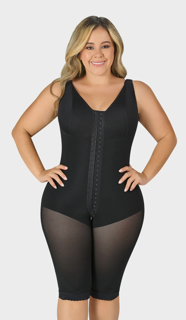 Knee-length full body faja with built-in bra, medium compression, adjustable straps, and front closure for daily shaping and support.