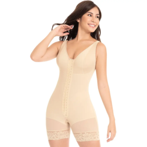 Style F0029 high-compression mid-thigh shapewear for breast surgery and tummy tuck recovery-front