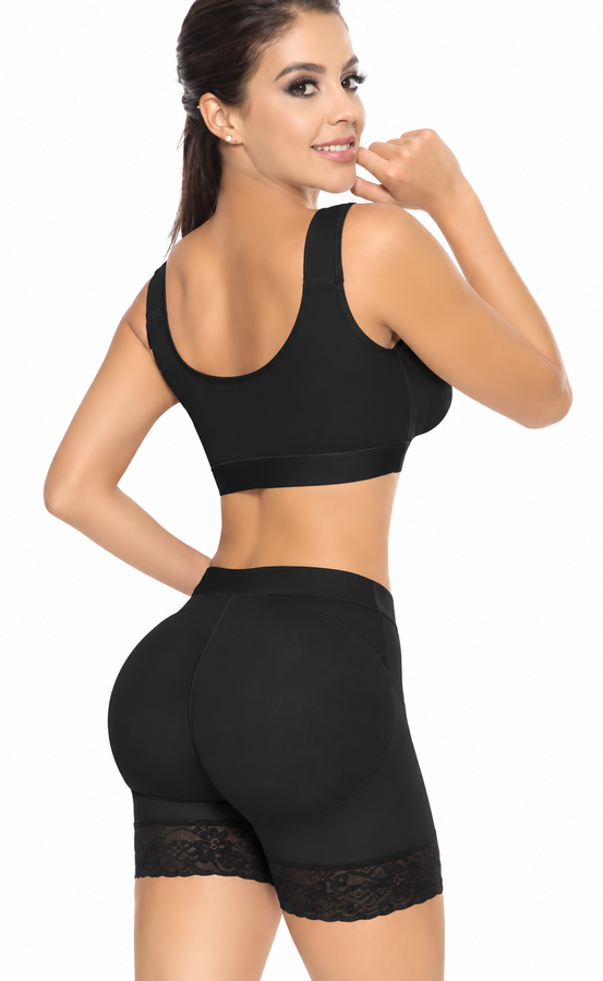 Mid-thigh double butt lifter shaper Style S0076-1 with high compression, tummy control and natural butt enhancement. black back