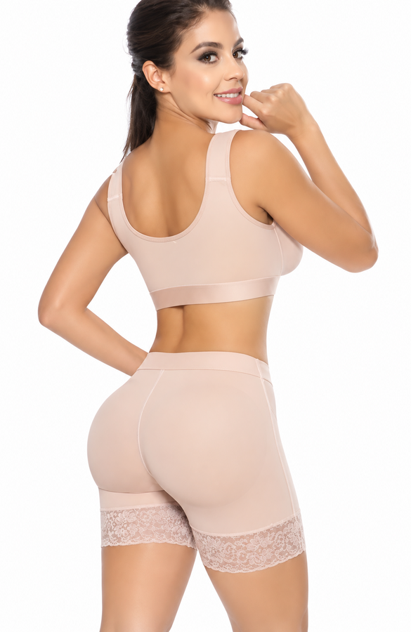 Mid-thigh double butt lifter shaper Style S0076-1 with high compression, tummy control and natural butt enhancement. beige back