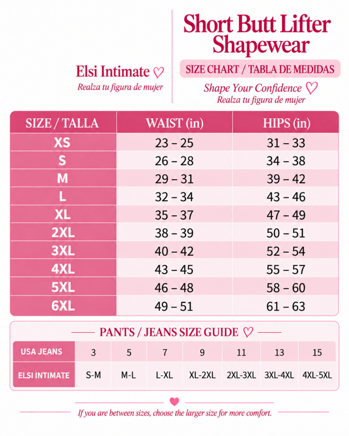 sizes chart for Short Butt Lifter Shapewear