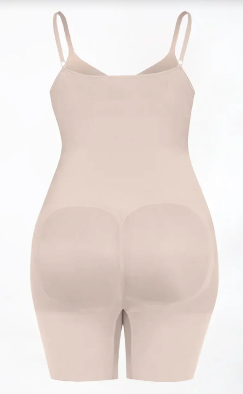 Seamless full body shaper with tummy control and natural curve enhancement.