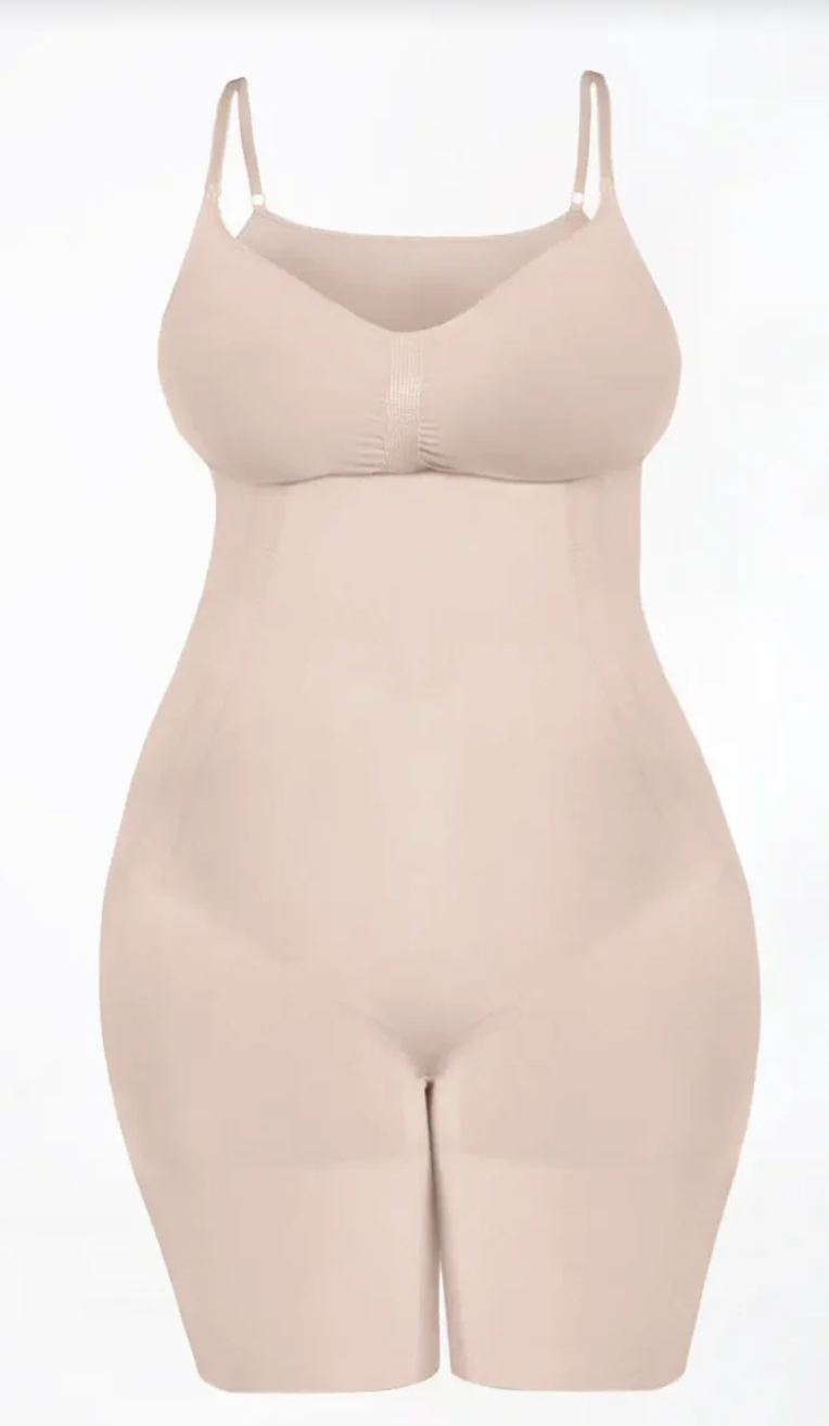 Seamless full body shaper with tummy control and natural curve enhancement.