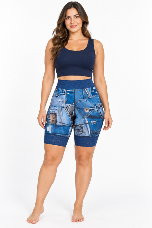 Natural blue high-waisted butt lift biker shorts Style 074580 with tummy and thigh control.
