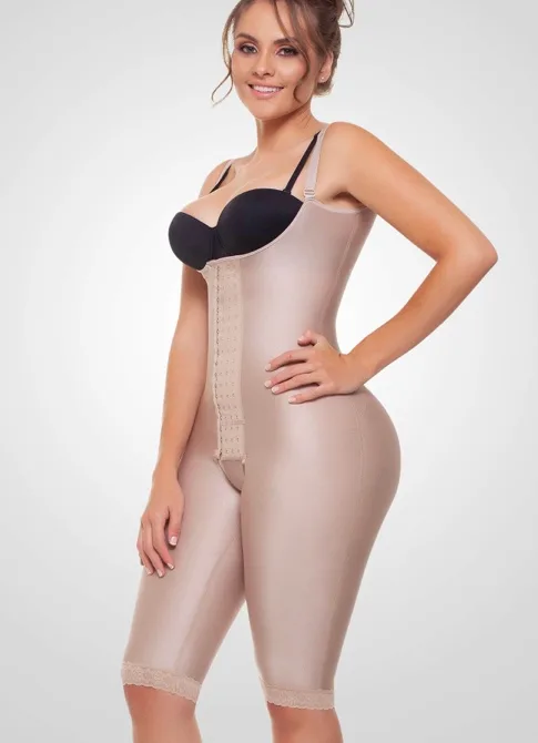 Full coverage Colombian light compression body shaper with adjustable hooks, tummy control and knee-length design front