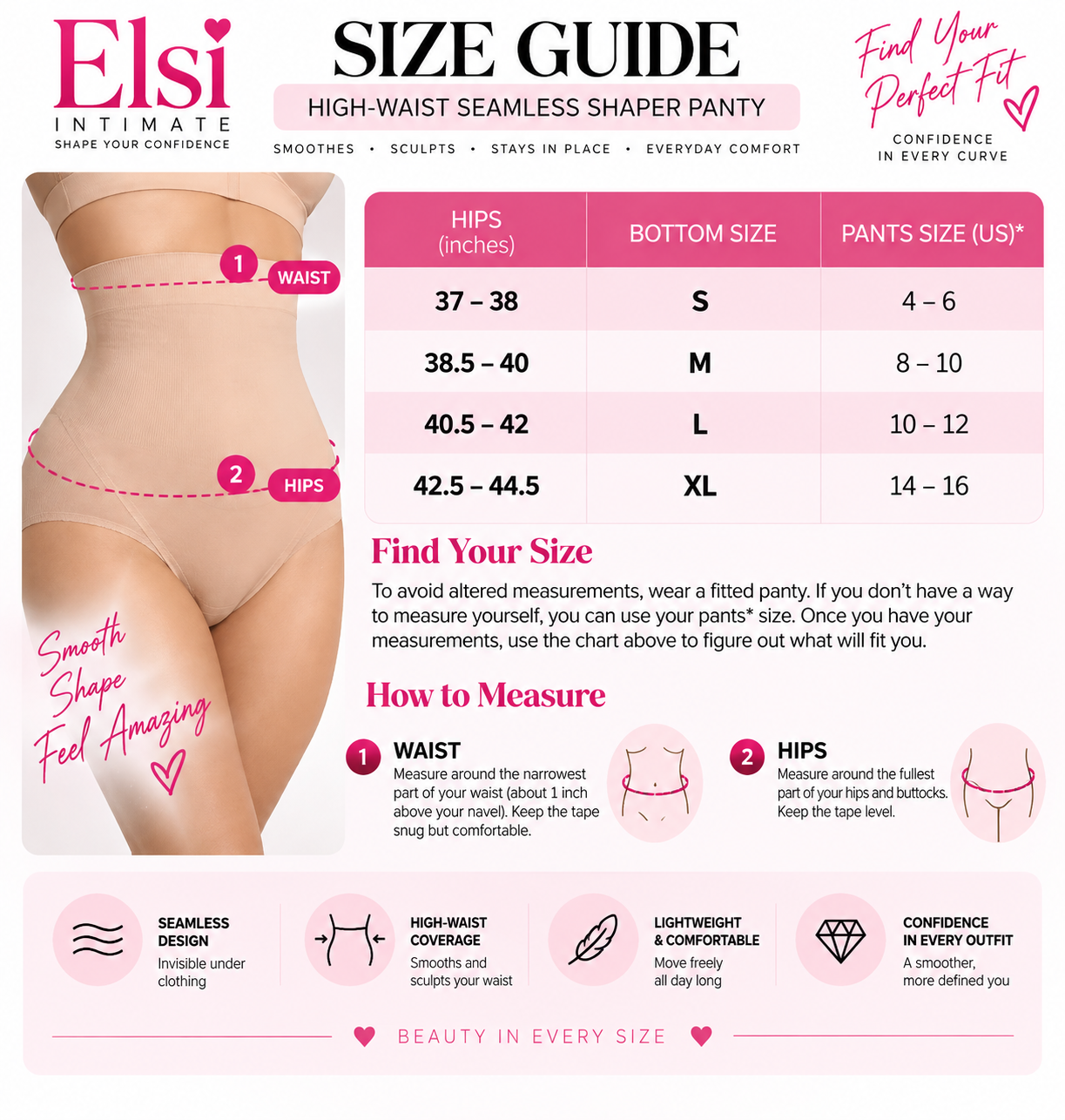 sizes chart for seamless shapewear
