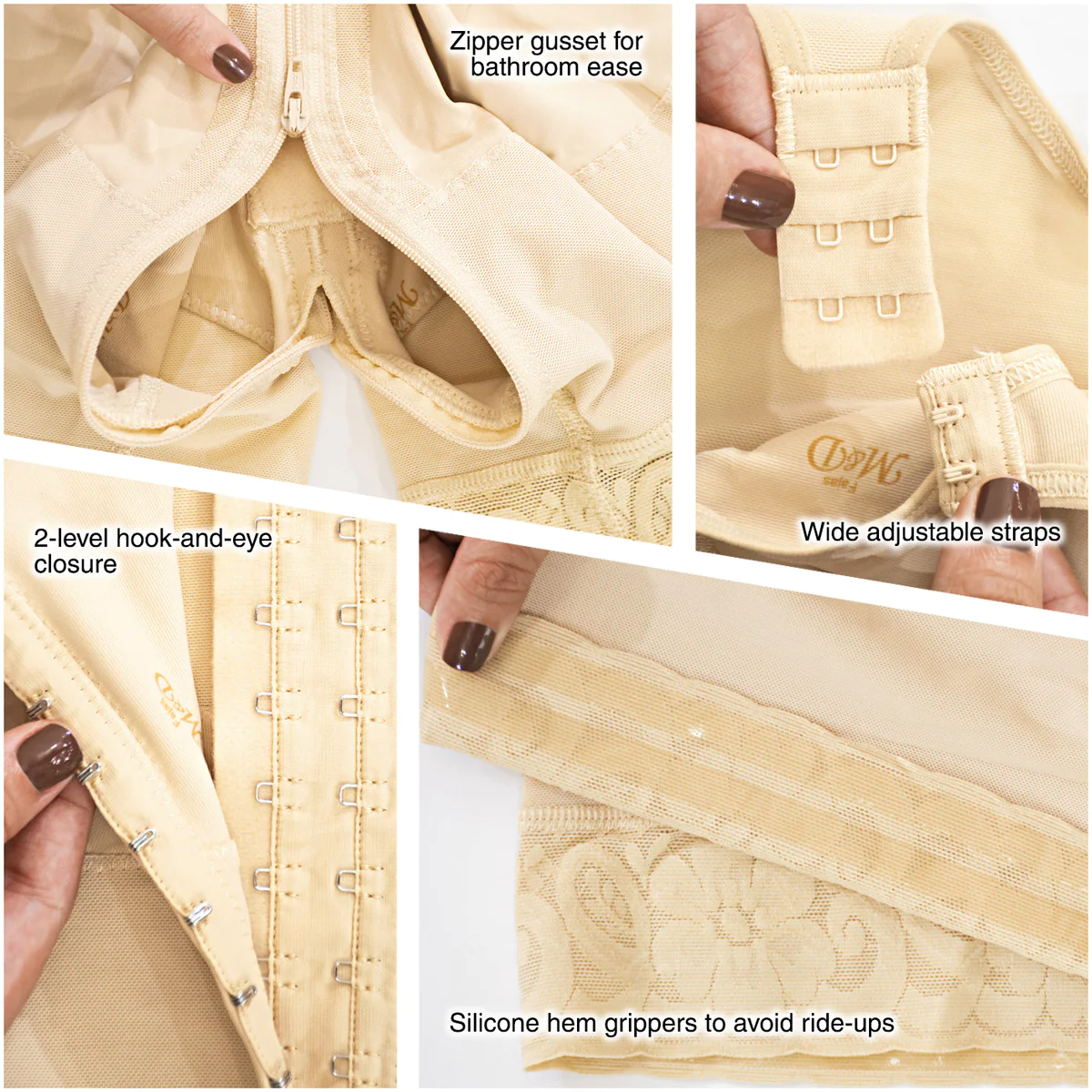 Style F0029 high-compression mid-thigh shapewear for breast surgery and tummy tuck recovery-instruction-fabric detail