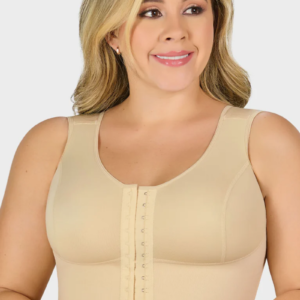Control bra top with bust enhancement, wide straps, covered back, and two-level hook closure for daily use.