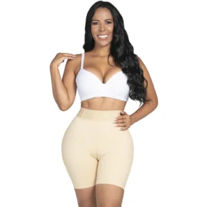 High-waisted mid-length shaping shorts in beige Lycra fabric for women, designed for comfort and booty enhancement.
