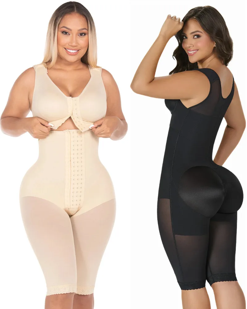 MYD F00470 hourglass knee-length shapewear with built-in bra and high-back coverage-back and front